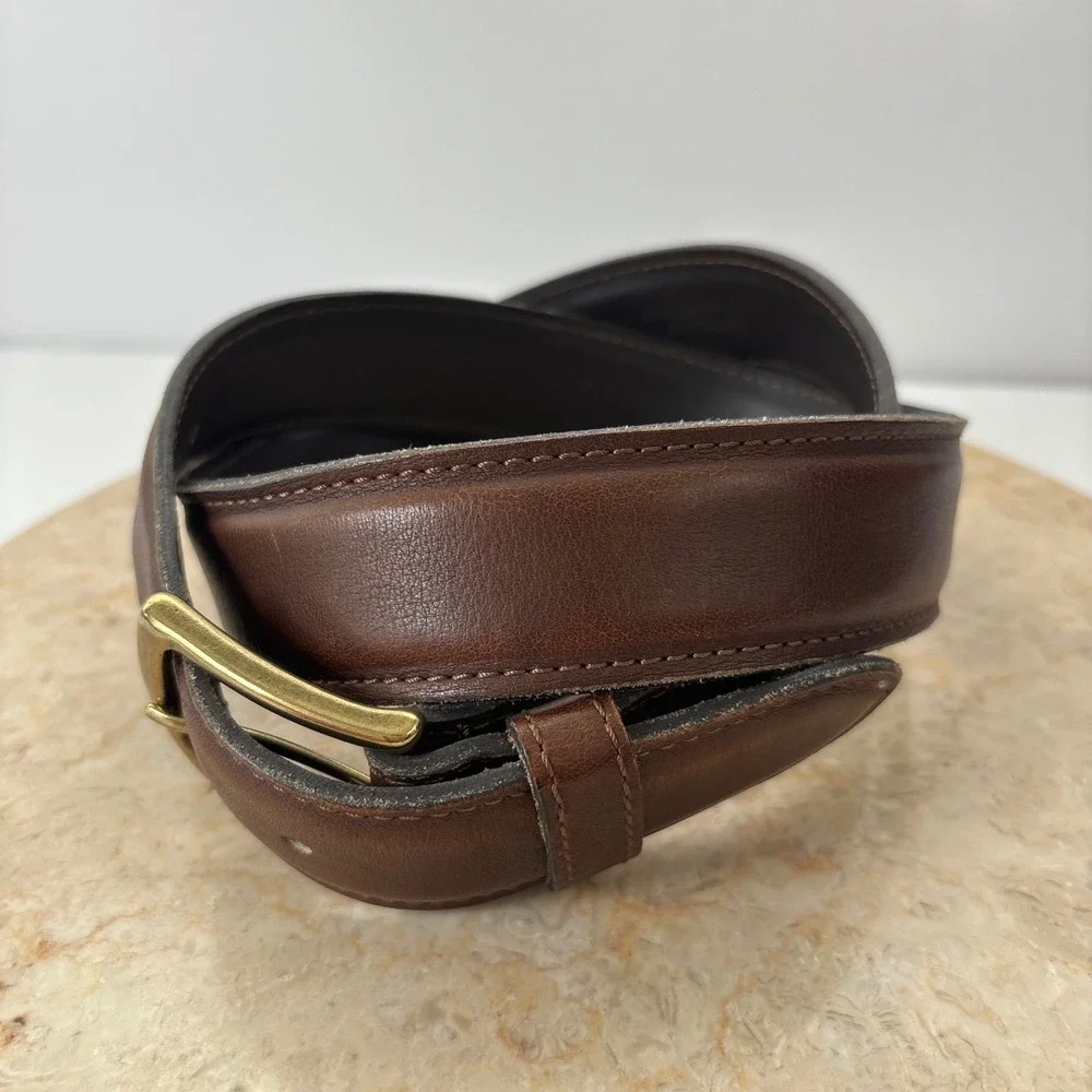 LL BEAN Mens Genuine Leather Belt Dark Brown Brass Buckle Made in Turkey Casual